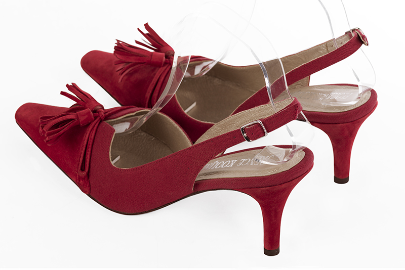 Cardinal red women's open back shoes, with a knot. Tapered toe. High slim heel. Rear view - Florence KOOIJMAN